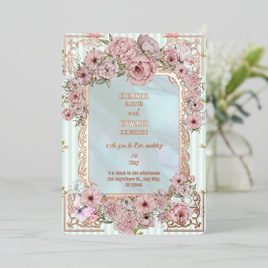 ヴィンテージアクア結婚牡丹フォイル招待状 箔招待状 (立ち正面)