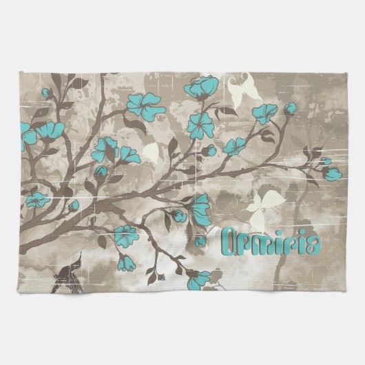 ヴィンテージアクア花グランジフローラカスタム キッチンタオル (横)