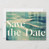 ヴィンテージアクア70s波フォトウェディング日付を保存 招待状 (正面)