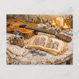 ヴィンテージアコースティックギターとキャンドルと温かい冬 ポストカード