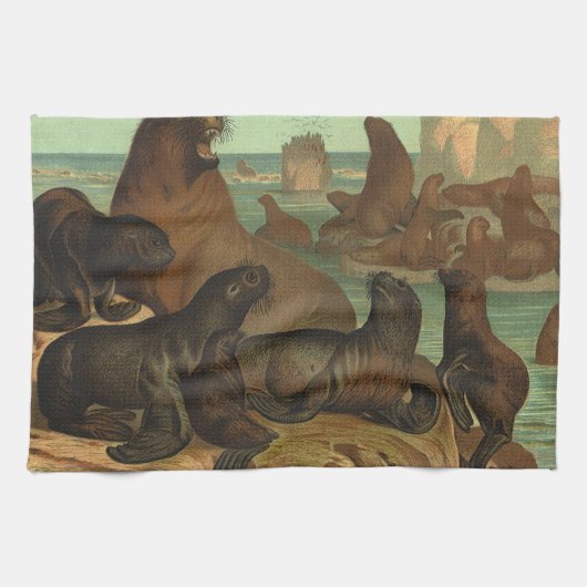 ヴィンテージアシカビーチ海洋生物動物 キッチンタオル (横)