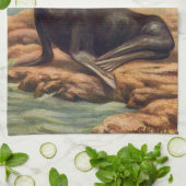 ヴィンテージアシカ海の海のそばの海の哺乳類 キッチンタオル (折り畳み)