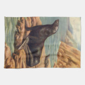 ヴィンテージアシカ海の海のそばの海の哺乳類 キッチンタオル (横)