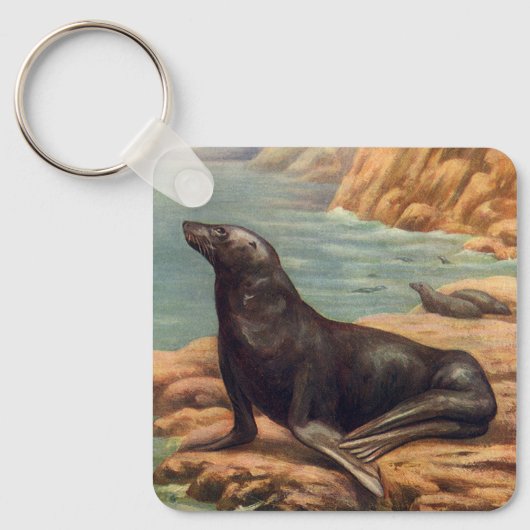 ヴィンテージアシカ海の海のそばの海の哺乳類 キーホルダー (正面)