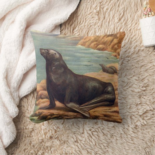 ヴィンテージアシカ海の海のそばの海の哺乳類 クッション (ブランケット)