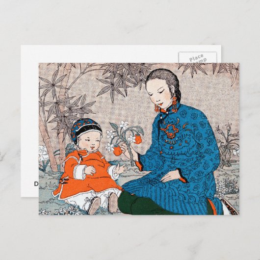 ヴィンテージアジアの母ベビー花の母の日 ポストカード (正面/裏面)