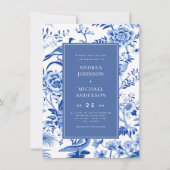 ヴィンテージアジアフローラブルー結婚ズ 招待状 (正面)