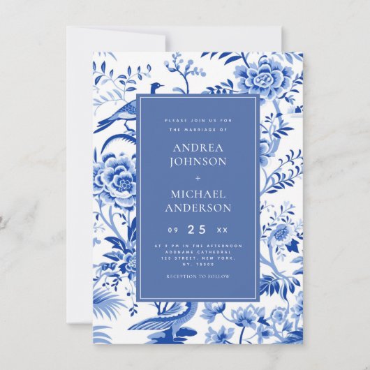 ヴィンテージアジアフローラブルー結婚ズ 招待状 (正面)