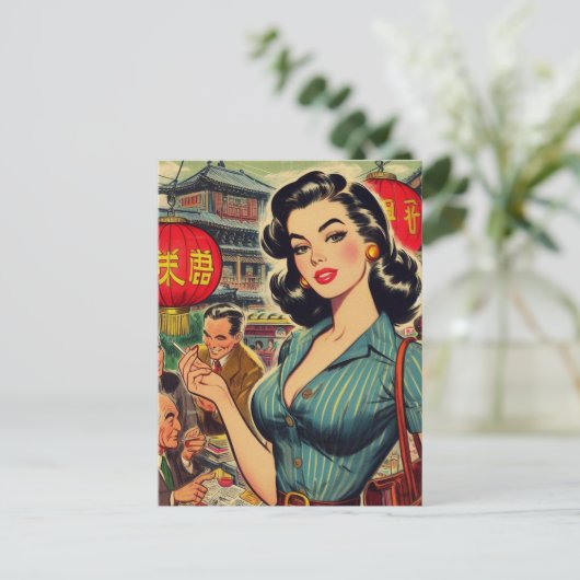 ヴィンテージアジアンガールイラストレーション ポストカード (スタンド正面)