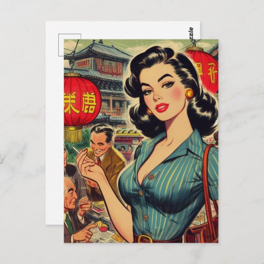 ヴィンテージアジアンガールイラストレーション ポストカード (正面/裏面)