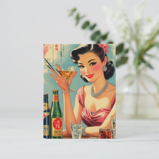 ヴィンテージアジアンガール飲料イラストレーション ポストカード (スタンド正面)