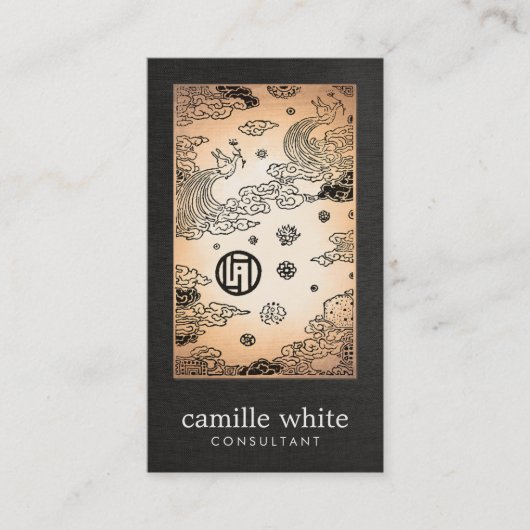 ヴィンテージアジア金ゴールド孔雀とロータスブラックリネン 名刺 (正面)