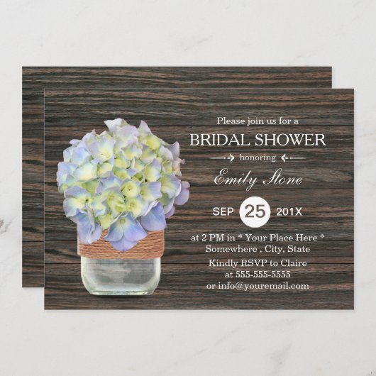 ヴィンテージアジサイフローラメイソンジャーブライダルシャワー 招待状 (正面/裏面)