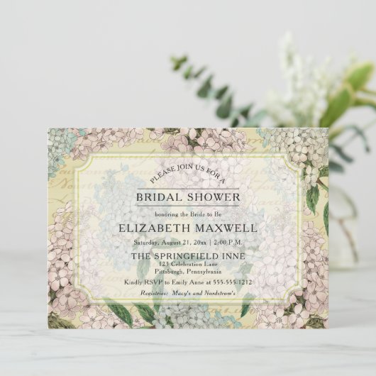 ヴィンテージアジサイ |エフフランスのエマラブライダルシャワー 招待状 (スタンド正面)