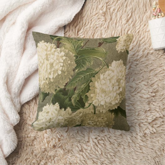 ヴィンテージアジサイ、ホワイトグリーン、グレーフローラ クッション (ブランケット)