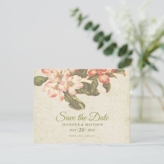 ヴィンテージアップルブロッサムウェディング日付カードを保存 出欠カード (スタンド正面)