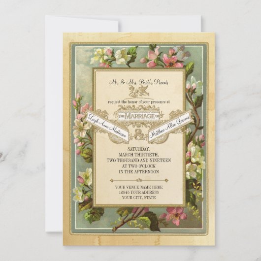 ヴィンテージアップルブロッサムティーステンドタイポグラフィ 招待状 (正面)