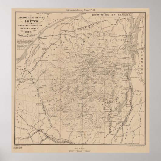 ヴィンテージアディロンダック山脈の地図（1874年） ポスター (正面)