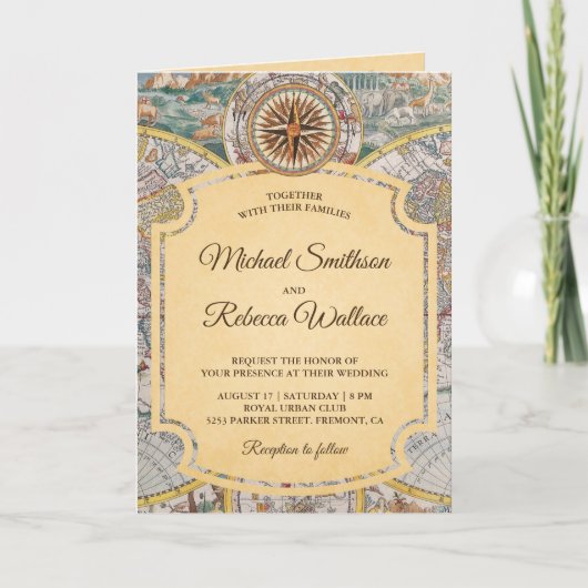 ヴィンテージアトラスワールドマップトラベルアドベンチャー結婚ズ 招待状 (正面)