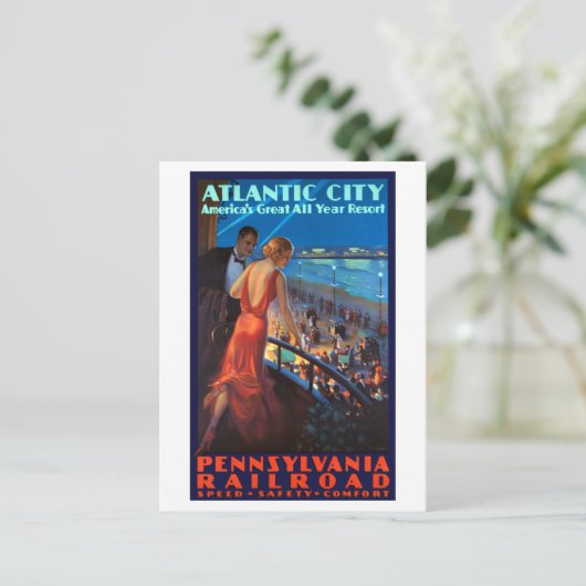 ヴィンテージアトランティックシティ鉄道旅行ポスター ポストカード (スタンド正面)