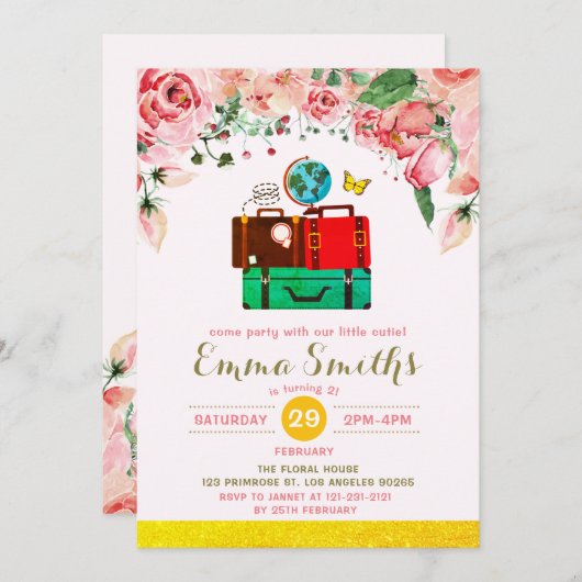 ヴィンテージアドベンチャーワールドトラベル素朴誕生日 招待状 (正面/裏面)