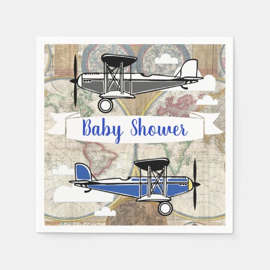 ヴィンテージアビエーター飛行機&ワールドマップアドベンチャー スタンダードカクテルナプキン (正面)