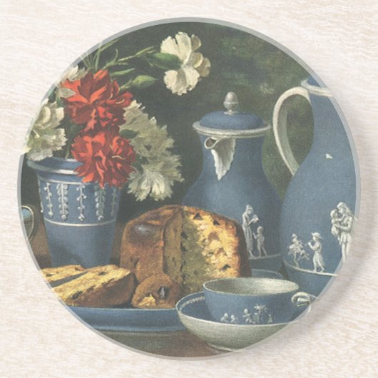 ヴィンテージアフタヌーンコーヒー，ケーキ，紅茶と花 コースター (正面)