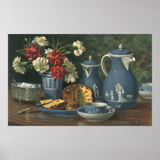 ヴィンテージアフタヌーンコーヒー，ケーキ，紅茶と花 ポスター (正面)