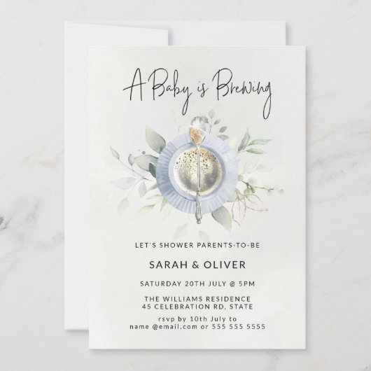 ヴィンテージアフタヌーンティーコーヒーブルーボーイベビーシャワー 招待状 (正面)