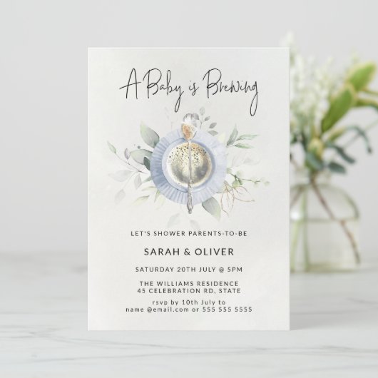 ヴィンテージアフタヌーンティーコーヒーブルーボーイベビーシャワー 招待状 (スタンド正面)