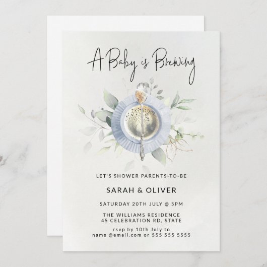 ヴィンテージアフタヌーンティーコーヒーブルーボーイベビーシャワー 招待状 (正面/裏面)