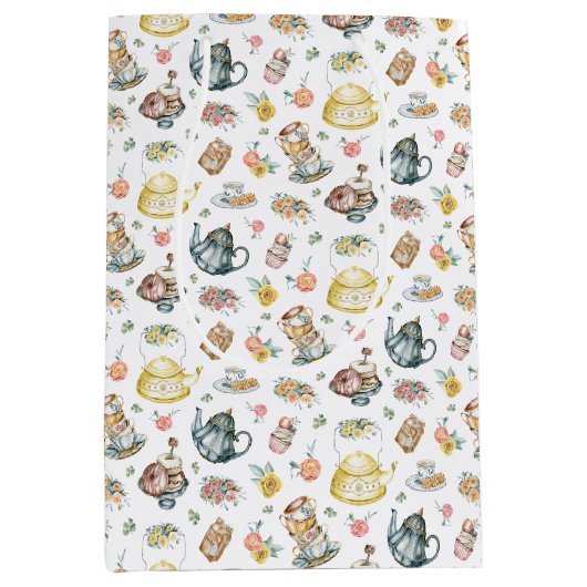 ヴィンテージアフタヌーンティー&バラパターンの白 ミディアムペーパーバッグ (正面)