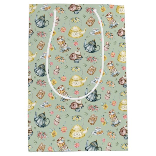 ヴィンテージアフタヌーンティー&バラパターンonグリーン ミディアムペーパーバッグ (正面)