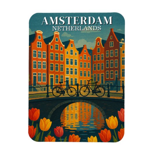 ヴィンテージアムステルダム自転車オンブリッジフラワー マグネット (縦)