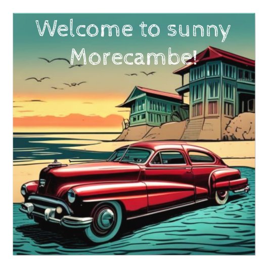 ヴィンテージアメリカの車のビーチサイド。編集可能文字 フォトプリント (正面)