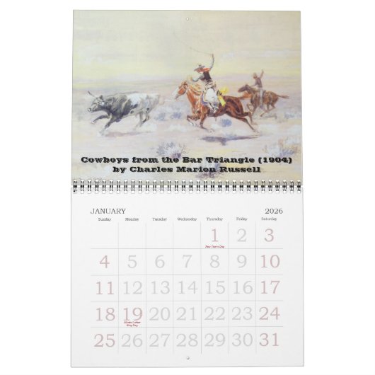 ヴィンテージアメリカンウエストカウボーイズ、ウェスタンファインアート カレンダー (1月 2026)