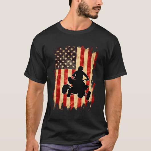 ヴィンテージアメリカンフラッグクワッドバイクフォーホイールモトブ Tシャツ (正面)