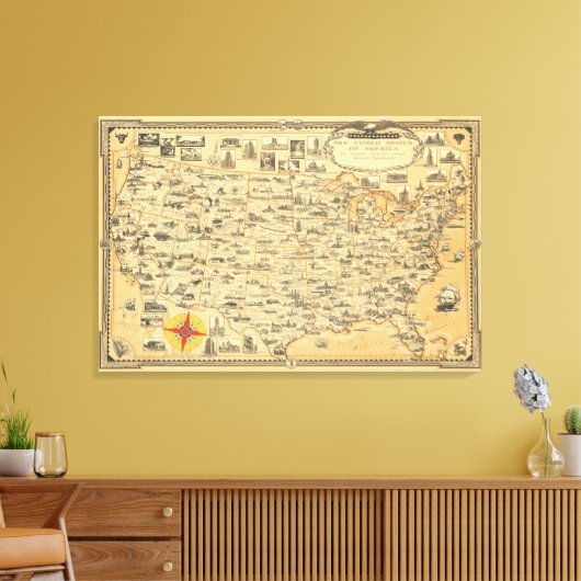 ヴィンテージアメリカ合衆国の地図 キャンバスプリント (インサイチュ (リビング))