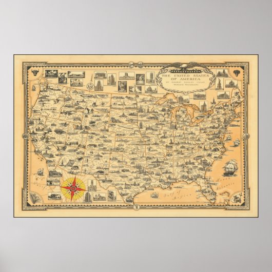 ヴィンテージアメリカ合衆国の地図 ポスター (正面)