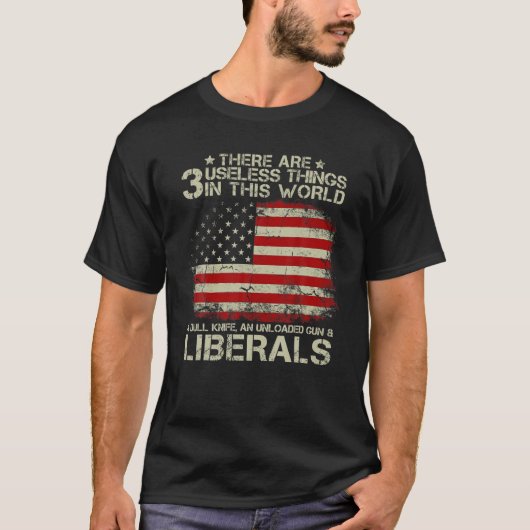 ヴィンテージアメリカ国旗ここには3つの役に立たない物がある Tシャツ (正面)