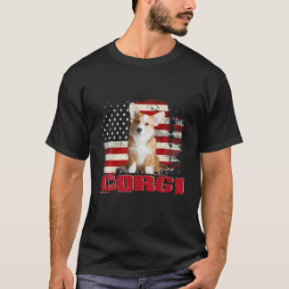 ヴィンテージアメリカ国旗のコルギ犬の恋人 Tシャツ