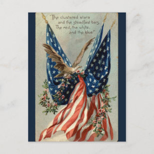 ヴィンテージアメリカ国旗のワシと花の愛国心 ポストカード