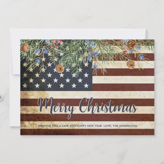 ヴィンテージアメリカ国旗の愛国的なメリークリスマス シーズンカード (正面)