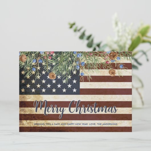 ヴィンテージアメリカ国旗の愛国的なメリークリスマス シーズンカード (スタンド正面)