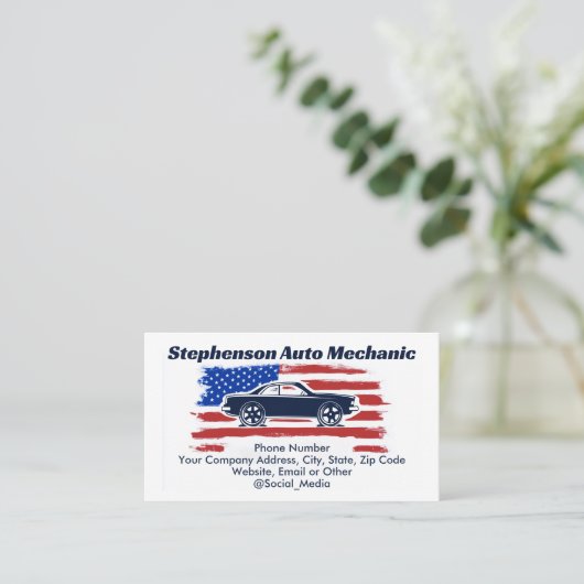 ヴィンテージアメリカ国旗の車の自動整備士サービス 名刺 (スタンド正面)