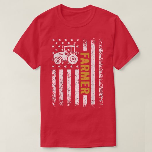 ヴィンテージアメリカ国旗トラクター愛国的農家ファー Tシャツ (デザイン正面)