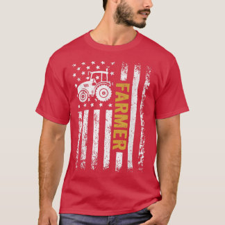 ヴィンテージアメリカ国旗トラクター愛国的農家ファー Tシャツ