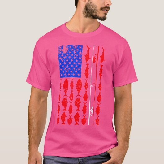 ヴィンテージアメリカ国旗魚釣りアメリカ国旗のロッド魚釣り Tシャツ (正面)