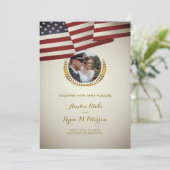 ヴィンテージアメリカ国旗 | ゴールドの月桂樹の葉 | 結婚式 招待状 (スタンド正面)