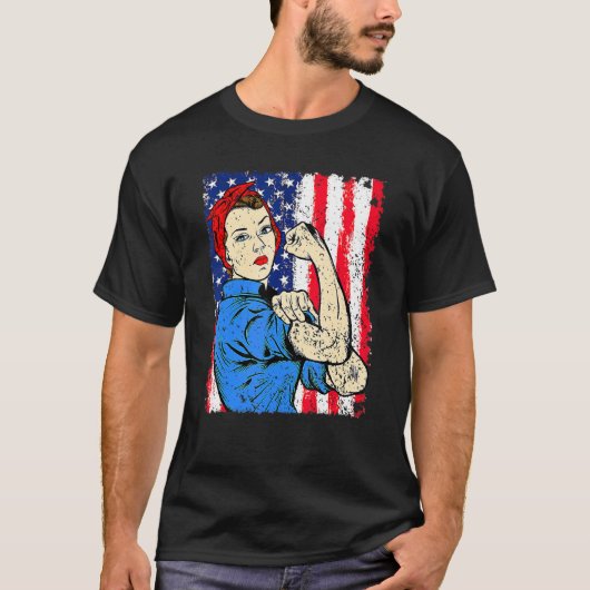 ヴィンテージアメリカ国旗Rosie The Riveter Feminist 4 Tシャツ (正面)
